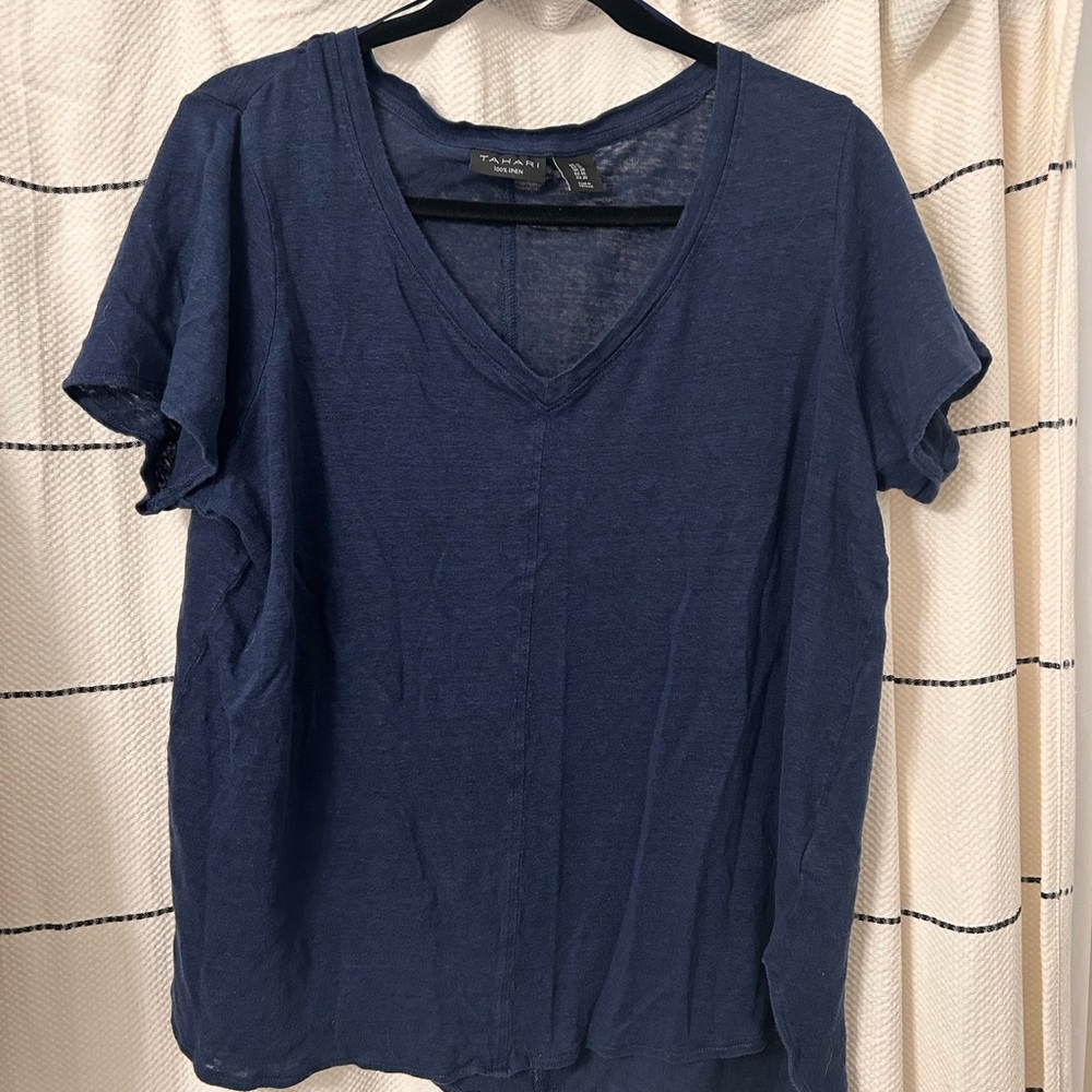 TAHARI Blue 100% Linen V-Neck Short Sleeve Hi-Low Hem Tunic Top